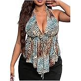 SOLY HUX Women's Plus Size Halter Tops Y2k Leopard Animal Print Deep V Neck Peplum Ruffle Asymmetrical Summer Top
