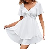 Florboom Women's Sweetheart Knot Front Dress Smocked Back Short Sleeve Layered Boho Chiffon Mini Dresses