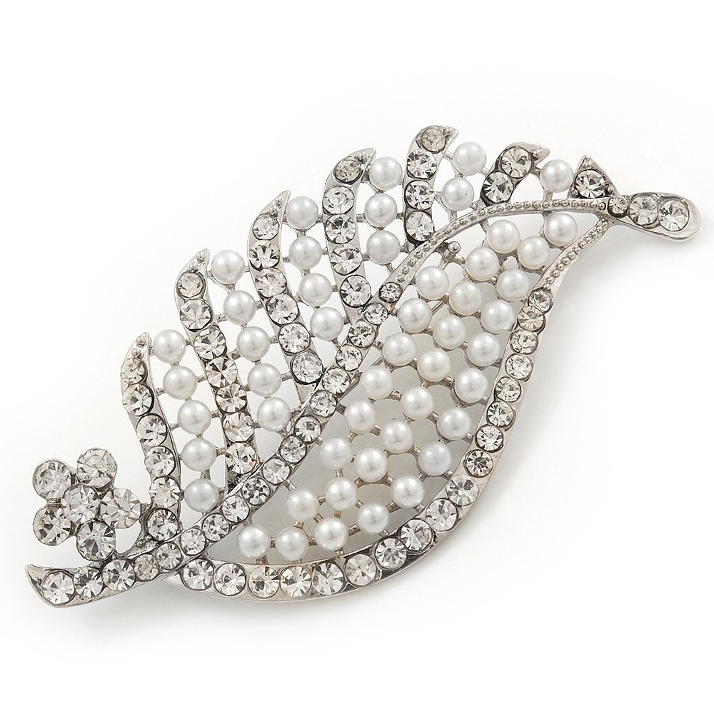 Large Simulated Pearl/Diamante 'Leaf' Brooch In Silver Tone Metal - 8.5cm Length