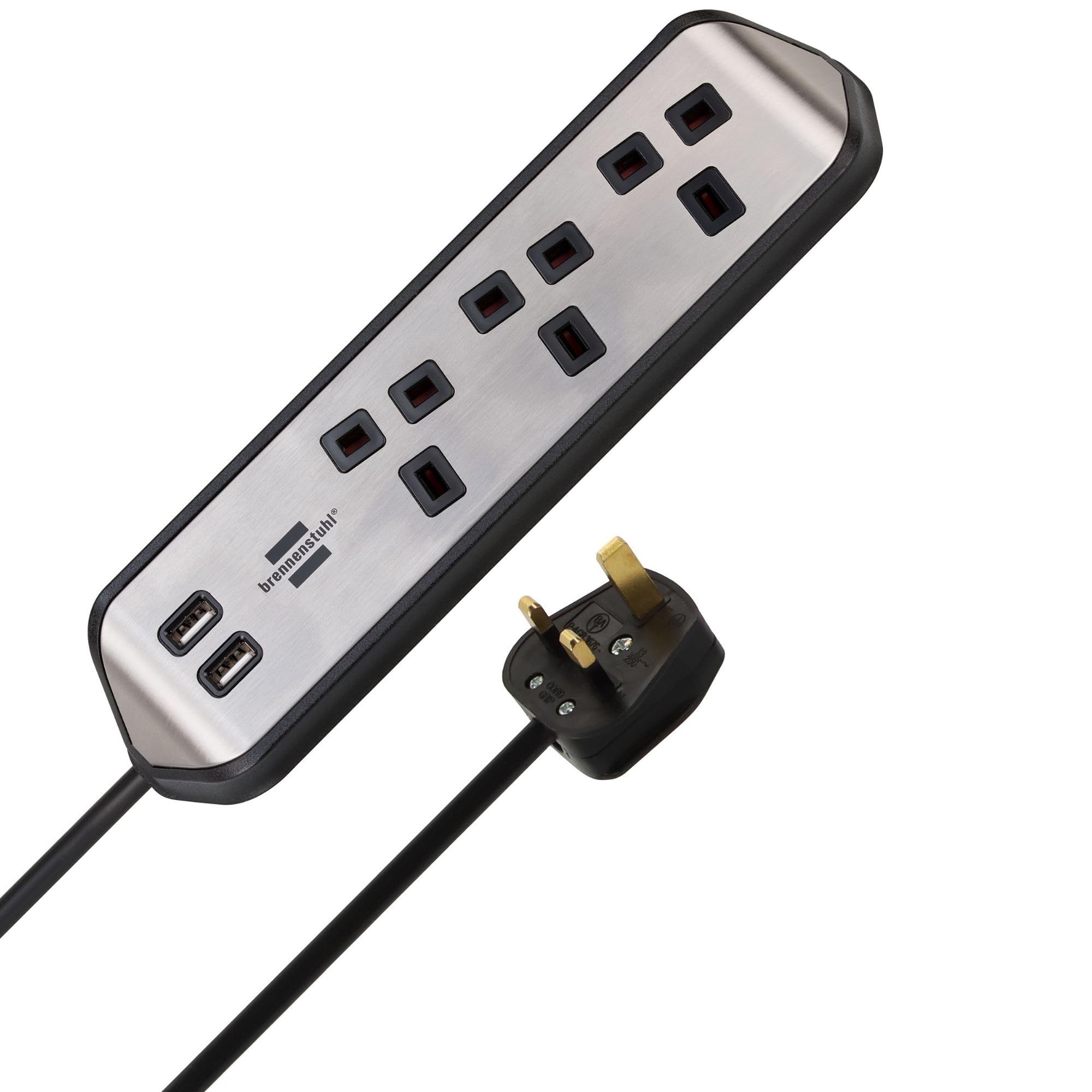 brennenstuhl estilo Corner Extension Lead 3-way (Extension Cord with Stainless Steel Surface for Desk/Kitchen/Office, with 3x Earthed Sockets, 2x USB Ports) silver/black