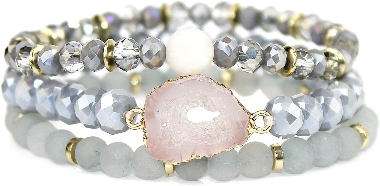 Semi Precious Stone Beaded Stretch Bracelet Stackable Mutilayer Crystal Beads Druzy Stone Bracelet Sets for Women, Set of 3