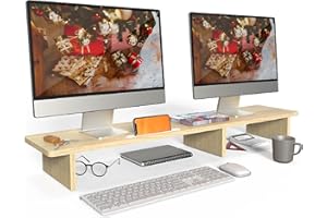 Rathsyme Dual Monitor Stand Riser 43.3 Inch Large Computer Monitor Stands for 2 Monitors Laptop PC Printer TV Screen, Wood De