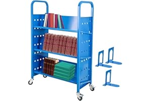 AHLOKI Library Book Cart, 200 LBS Single Sided V-Shaped Rolling Book Cart with 4 Lockable Wheels for Home Shelves Office School Book Truck White（49.2''x29.5''x13.8''）,V-Shaped Blue