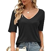 Sherosa Womens T Shirts V-Neck Half Sleeve Loose Fit Shirts Casual Solid Basic Tops