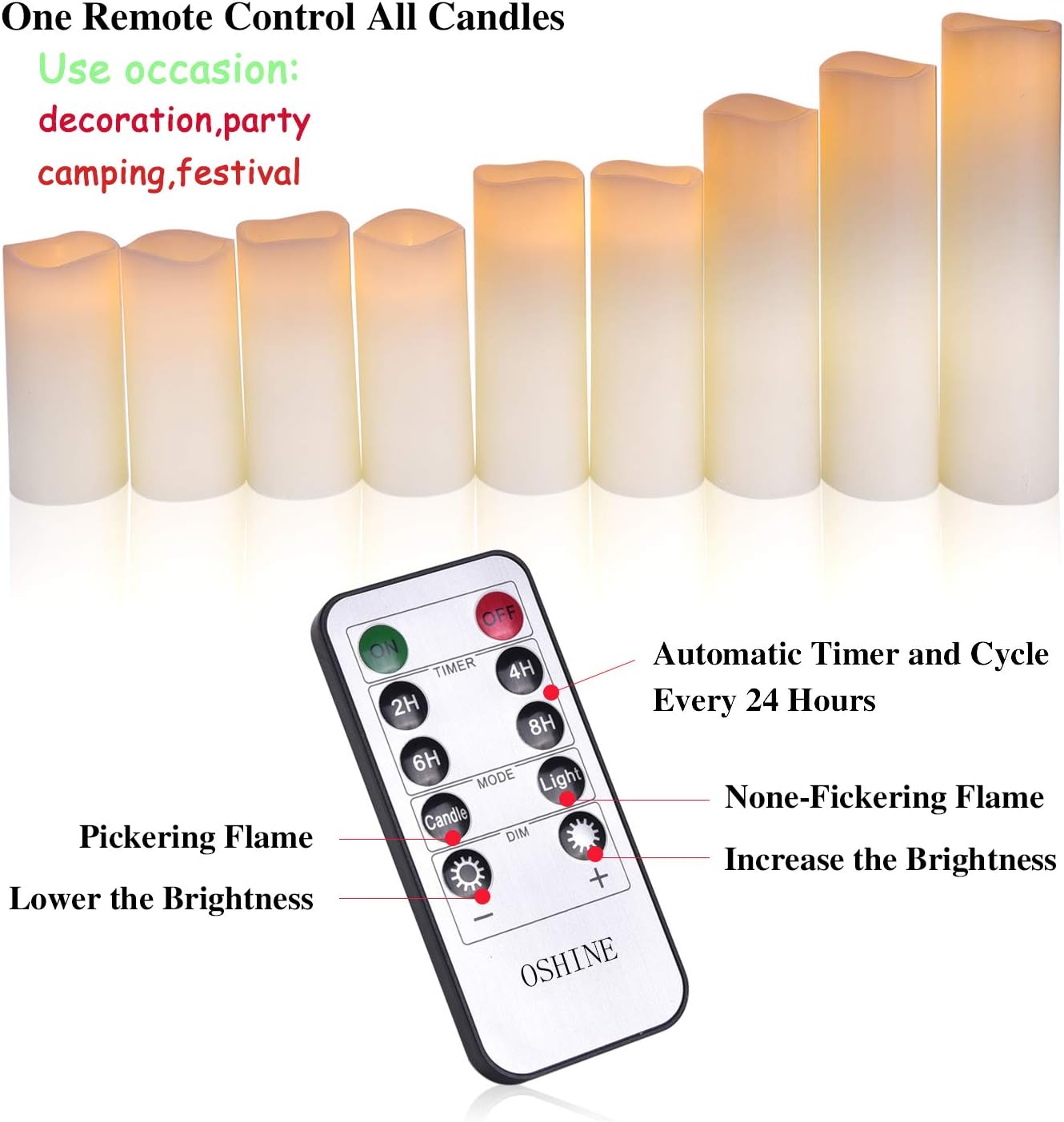 OSHINE LED Candles Flameless Candles (H 4" 5" 6" 7" 8" 9") Set of 9 Real Wax Pillar Flickering Battery Candles With10-key Remote Control Timer 300 Hours(Not Included Batteries) - Image 4