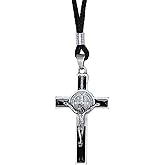 Intercession St Benedict Crucifix on Cord Necklace (Antique Silver - Black 2in)