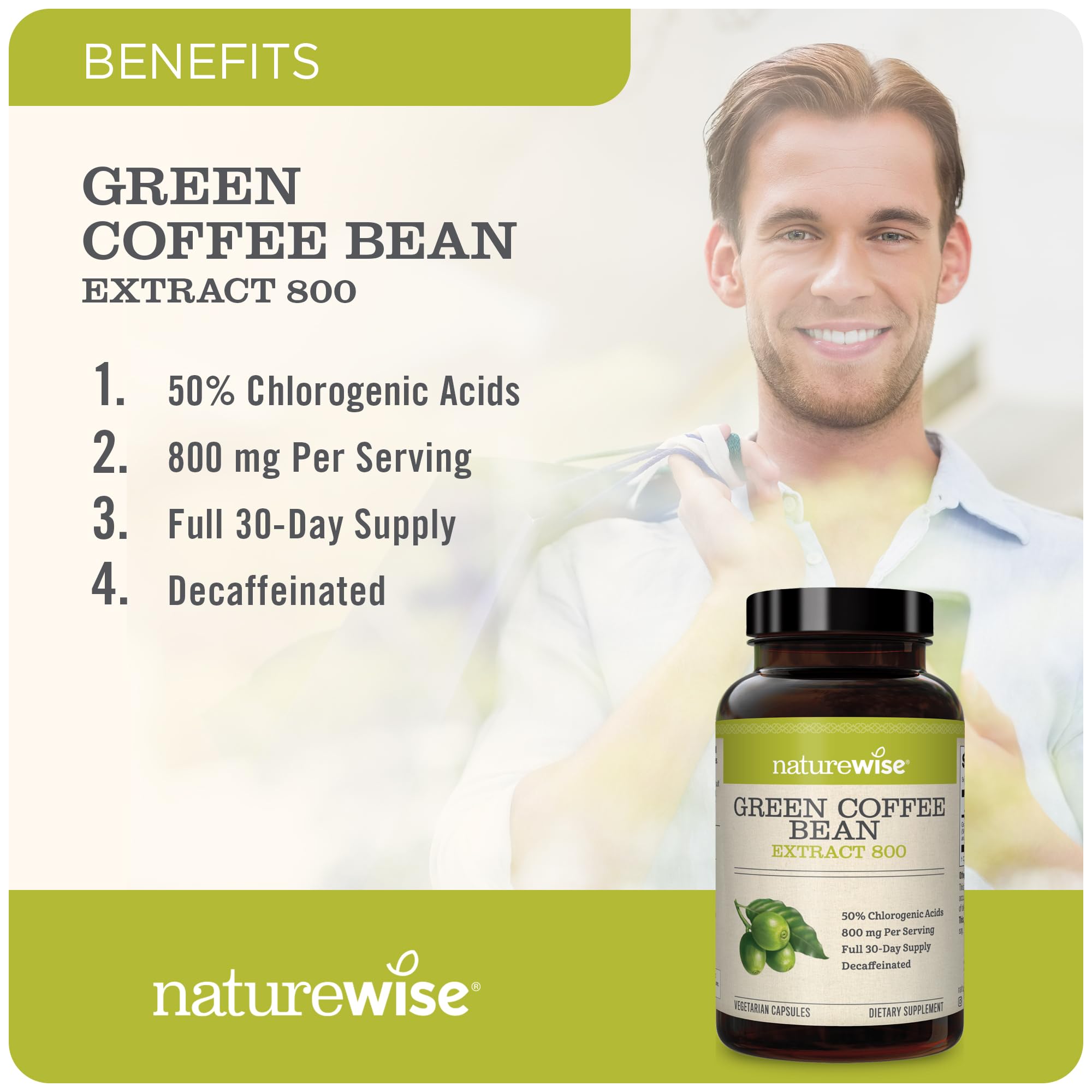 NatureWise Green Coffee Bean Extract 800mg - with 50% Chlorogenic Acids - Support for Weight Goals, Energy, and Antioxidants - Vegan, Non-GMO - 60 Capsules[1-Month Supply]