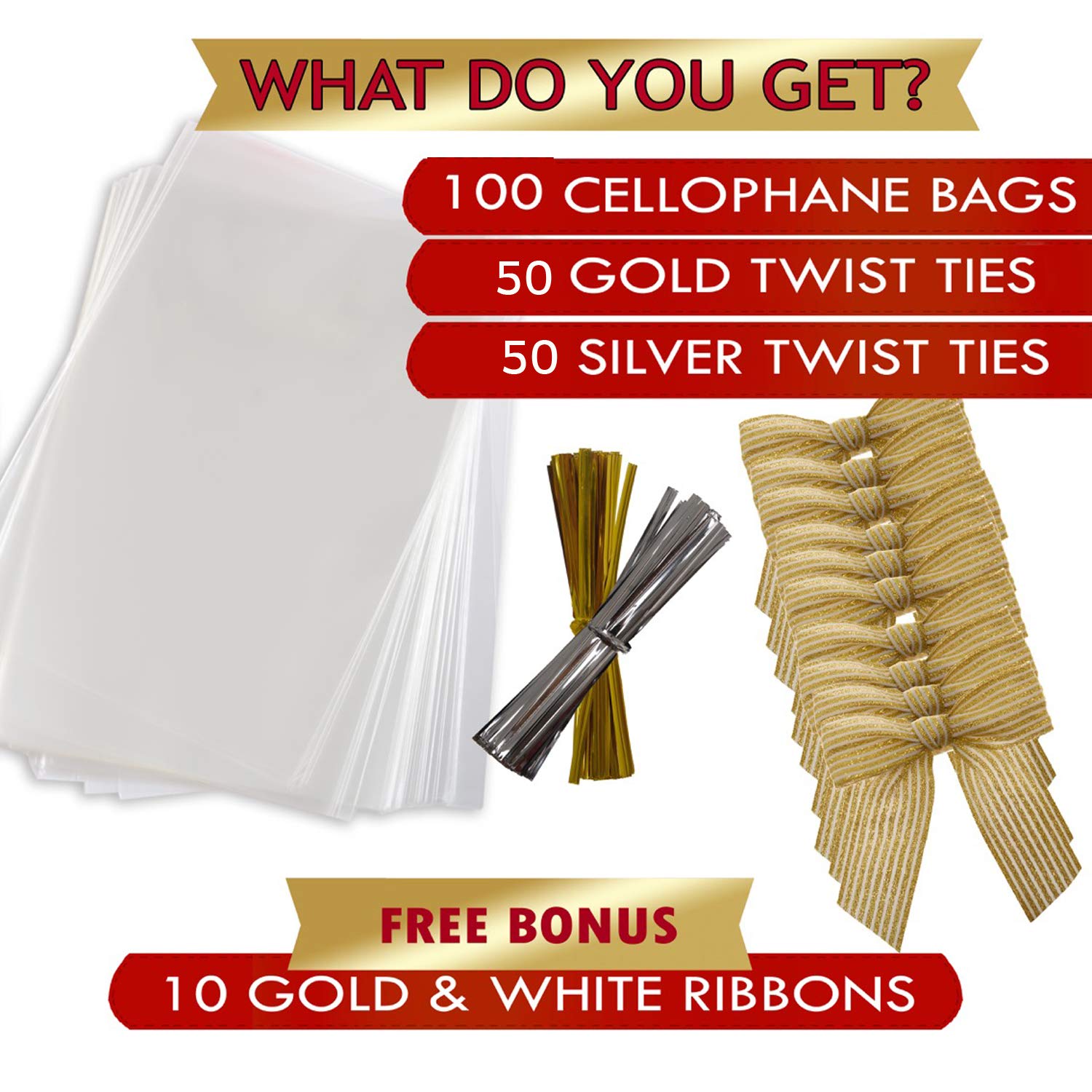 VANILILA Clear Cellophane Bags 100ct with Ties & 10 Bows - 40MM Thickness 6x9\