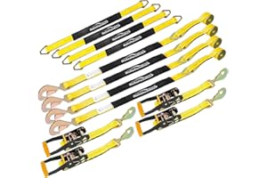 Autofonder Heavy Duty Adjustable Car Tie Down Kit with Snap Hooks -Break Strength 10,000 lbs-Working Load 3333 lbs-Bonus Includes 4 Pack 36" Axle Straps with D-Ring(Yellow)