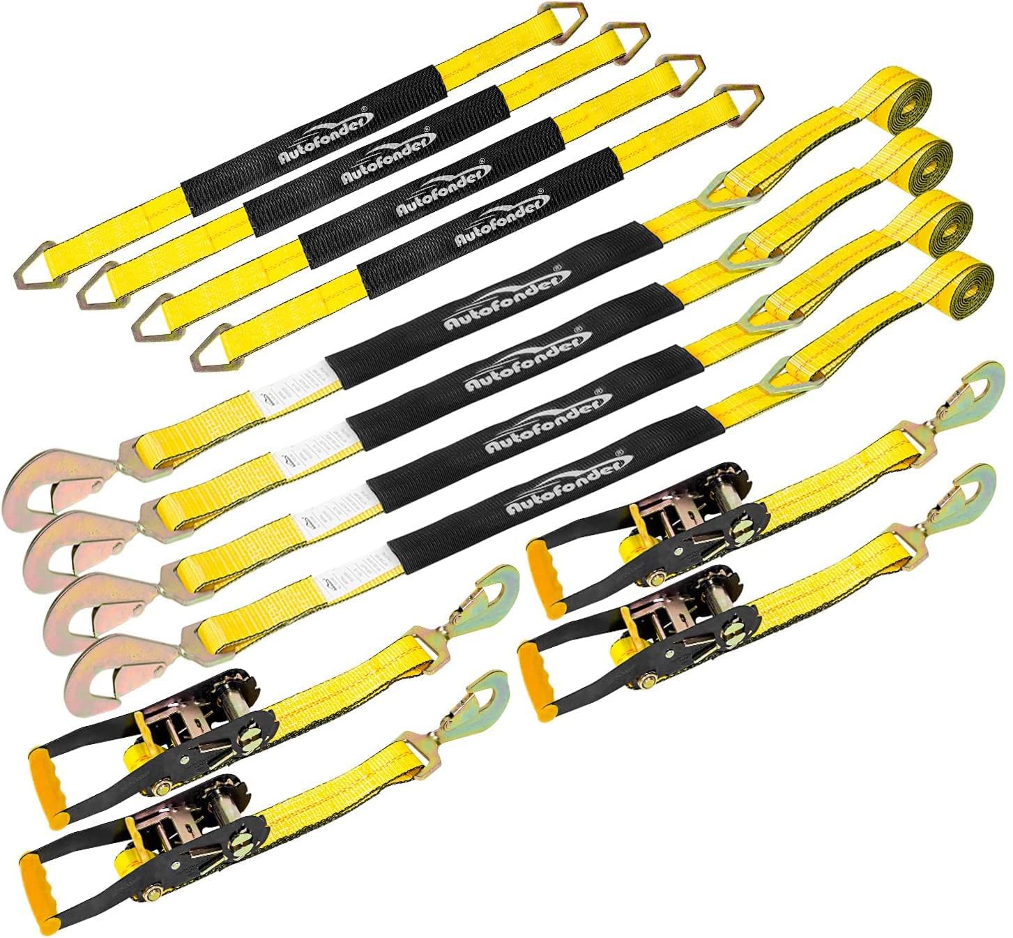 Photo 1 of Autofonder Heavy Duty Adjustable Car Tie Down Kit with Snap Hooks -Break Strength 10,000 lbs-Working Load 3333 lbs-Bonus Includes 4 Pack 36" Axle Straps with D-Ring(Yellow)