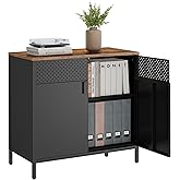 SONGMICS Storage Sideboard, Buffet Table with Adjustable Shelves, Floor Storage Cupboard, Steel Frame, Rustic Brown and Black