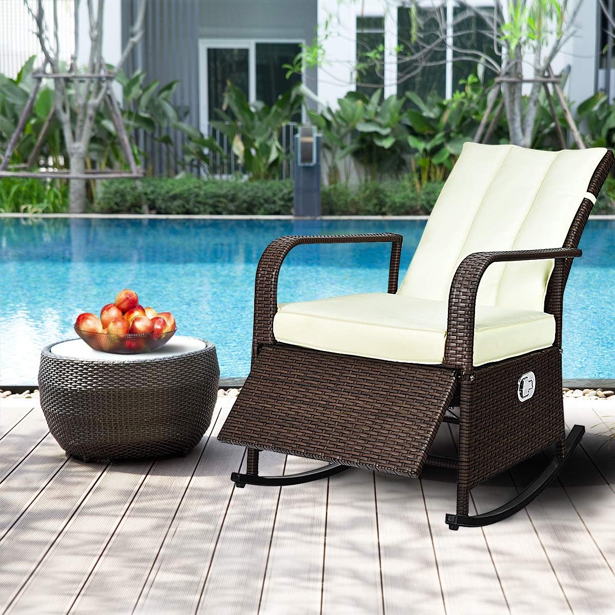 Tangkula Outdoor Wicker Rocking, Modern Cushioned Seating and Back, Auto Adjustable Rattan Reclining Chair, Space Saving Design, Garden Lawn Balcony Backyard Patio Fu, Brown : Industrial & Scientific