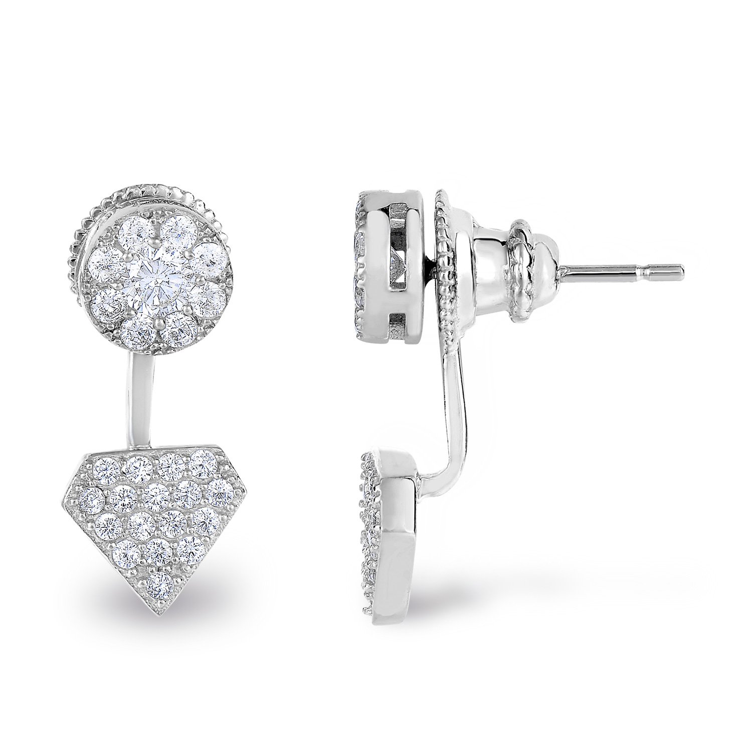 Rhodium-Plated Sterling Silver Cubic Zirconia Halo and Diamond-Shape Design Front Back Stud Earrings