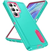 Fucozan for Samsung Galaxy S25 Ultra Case with Kickstand Case 3-Layer Military Grade Protective Cover Silicone Heavy Duty Rugged Shockproof for Galaxy S25 Ultra Phone Case (Cyan+Rose Red)