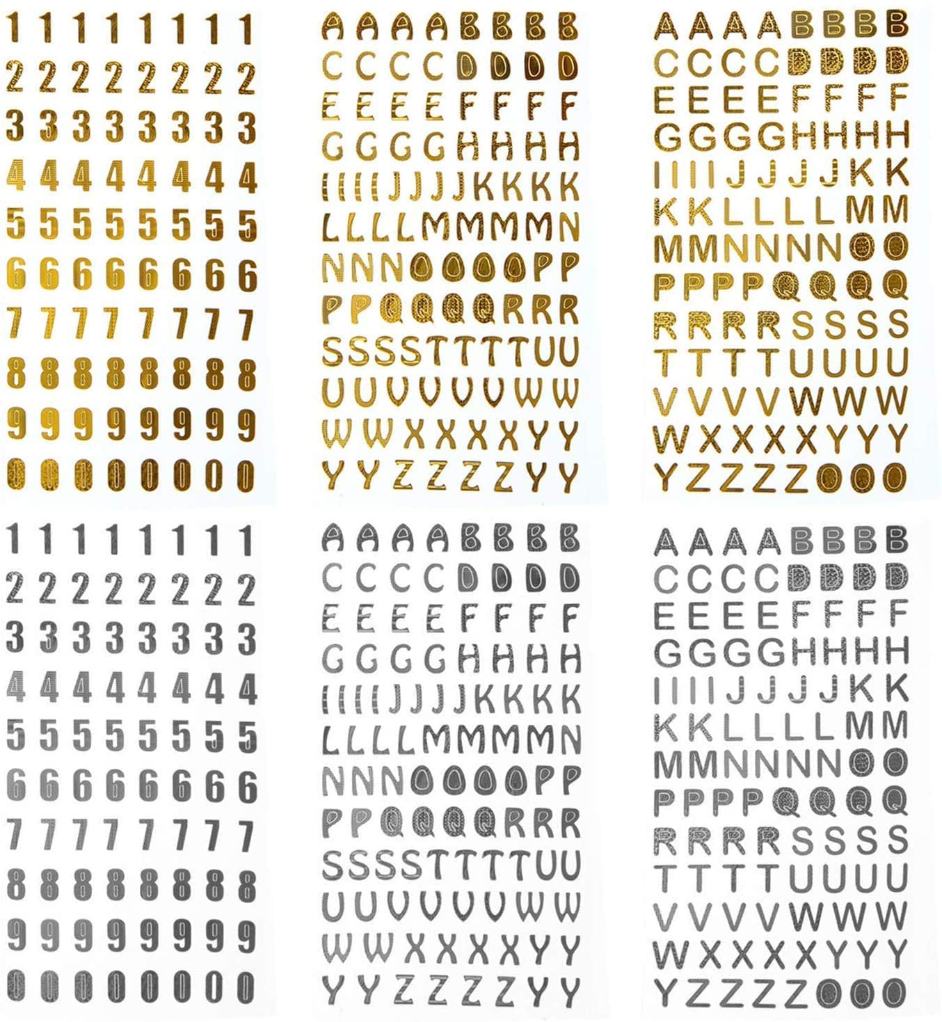 6 Sheets Glitter Number Stickers & Glitter Alphabet in Gold and Silver Color - Self Adhesive Hot Stamping DIY Letter Gift Labels Arts Craft Greeting Card for Home and Christmas Decoration
