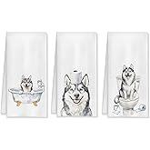 HUGANE Funny Husky Bathroom Decor Hand Towels Set of 3, Husky Mom Gifts, Gifts for Husky Lovers, Kids Dog Bathroom Decor, 16x24 Inch