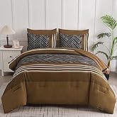 Luxudecor Brown Comforter Set King Size, 7 Pieces Stripe Geometric Bed in a Bag, Soft Microfiber Brown Comforter and Sheet Set Complete Bedding Sets for All Seasons 104"×90"