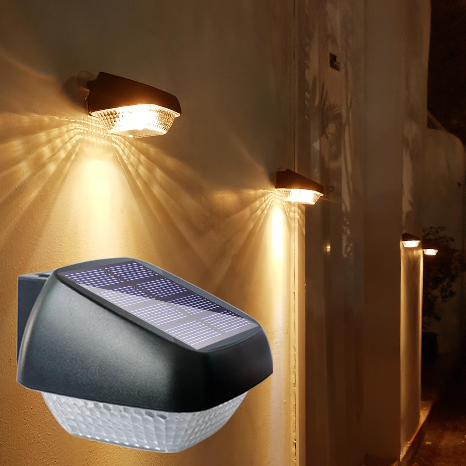 Soslina 4 Pack Solar Fence Lights, Warm White Decking Lights Solar Powered Step Lights Outdoor Waterproof Garden LED Wall Lights, Path Lighting for Patio, Gate, Yard, Front Door — image 1