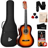 Pyle Beginner Acoustic Guitar Kit, 3/4 Junior Size All Wood Instrument with Full Accessory Kit, Picks, Shoulder Strap, Carry Case, Cleaning Cloth, Tuner App, 2 Month Lessons, 36&rdquo; (Sunburst Gloss)