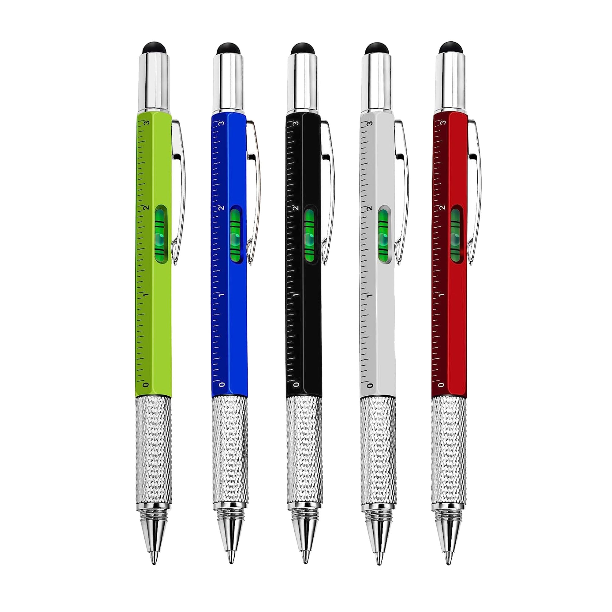 6 in 1 Multi Tool Ballpoint Pen 5 Pack Stocking Filler Gift Pen for Men Stocking Filler- Screwdriver Pen Ruler Stylus Spirit Level