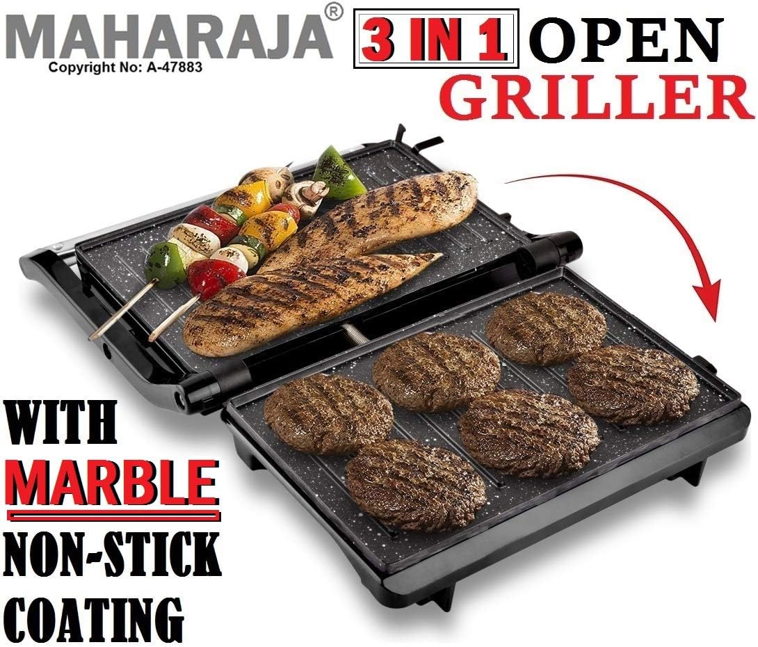 Maharaja 3 in 1 Steel Body Electric Multi-Utility Press Griller for 2 Slice Jumbo Grill Sandwich Maker, panini with Marble Non-Stick Plate for Home, Cafe use (750 WATT, Black)