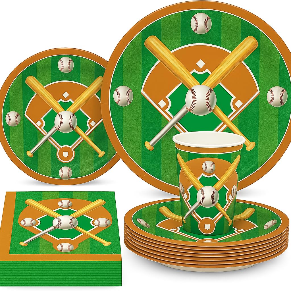Photo 1 of 120 pc Complete Party Pack Baseball 9" Dinner Paper Plates 7" Dessert Paper Plates 9 oz Cups 3 Ply Napkins Baseball Party Theme