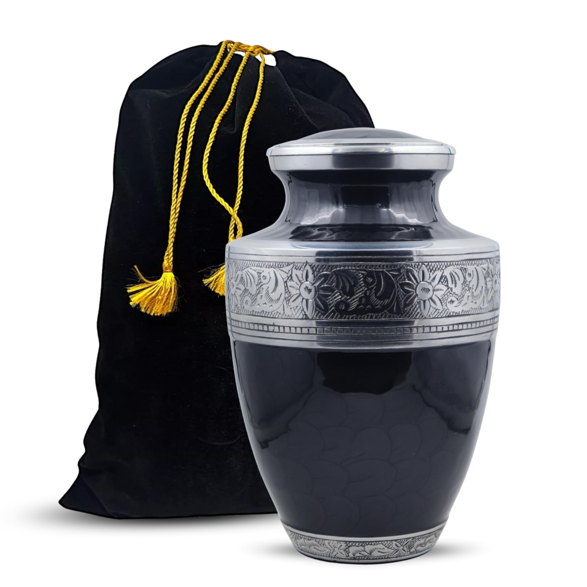 Silver Engraved Cremation Urn for Human Ashes - Adult Funeral Handcrafted Large Burial Urn - Bag Included (7" x 7" x 10" - 200 lbs or 90 kg, Pearl Grey)