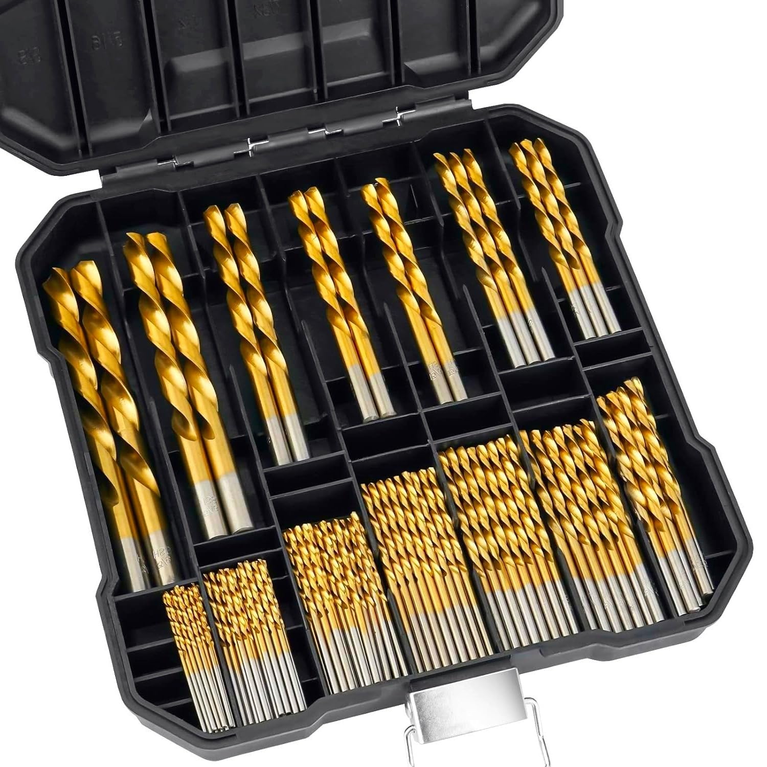 YWHWXB Titanium Drill Bit Set - 99Pcs Hex Shank High Speed Steel Twist Drill Kit for Drilling Wood/Metal Sheet/Plastic,1/16'' to 3/8'' with Plastic Case Stroage, Gold — image 1