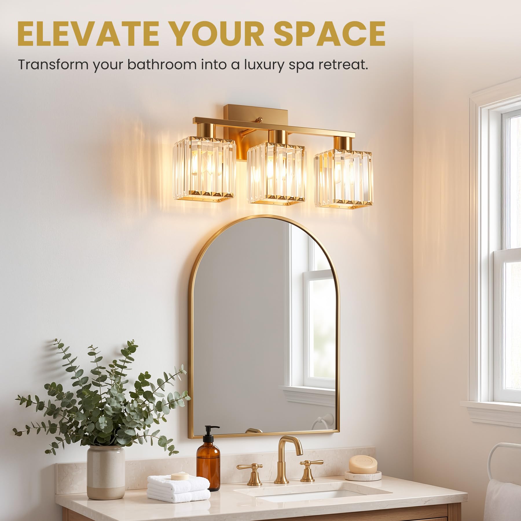 Condition photo showing New/Like New for timberaura crystal bathroom light fixtures, 3-light brushed gold, vanity lights for bathroom over mi