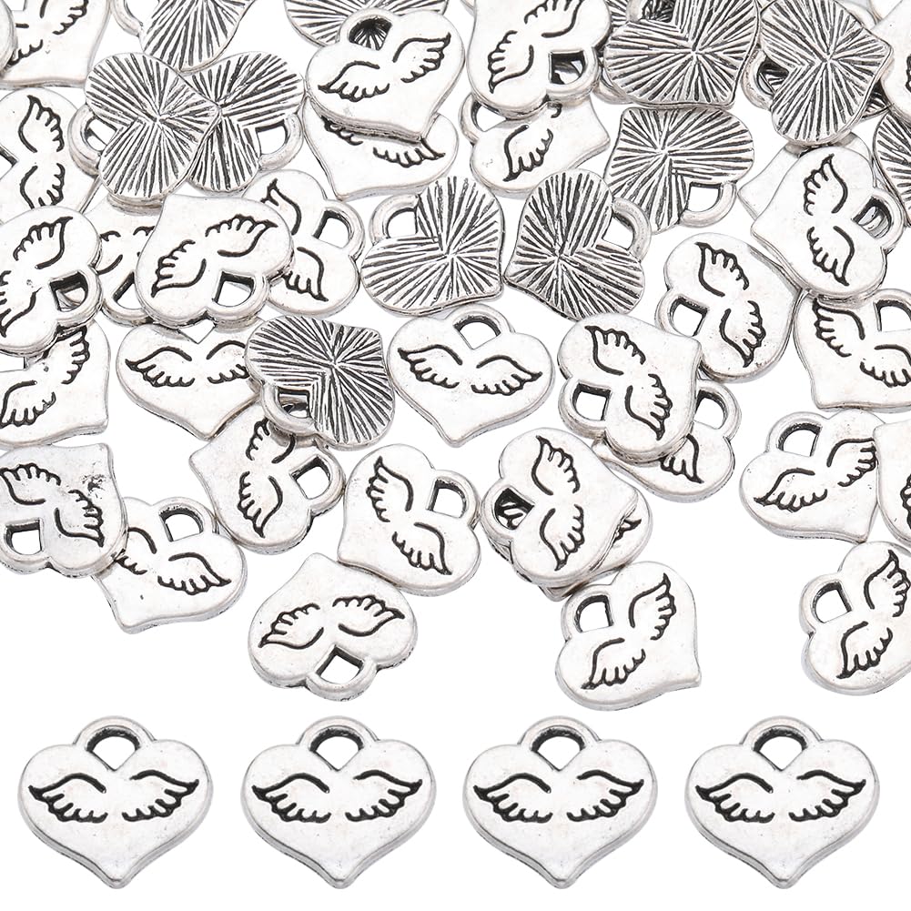 SUNNYCLUE 1 Box 100Pcs Wing Heart Charm Alloy Heart Charms Metal Vintage Tibetan Antique Silver Love Angle Wings Valentine Charm for jewellery Making Women DIY Charms Necklace Bracelets Earrings Craft