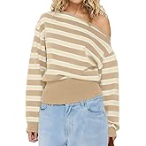Cioatin Women One Off Shoulder Striped Crop Sweater Asymmetric Long Sleeve Loose Pullover Y2K Cute Knitwear Tops Fall Outfits