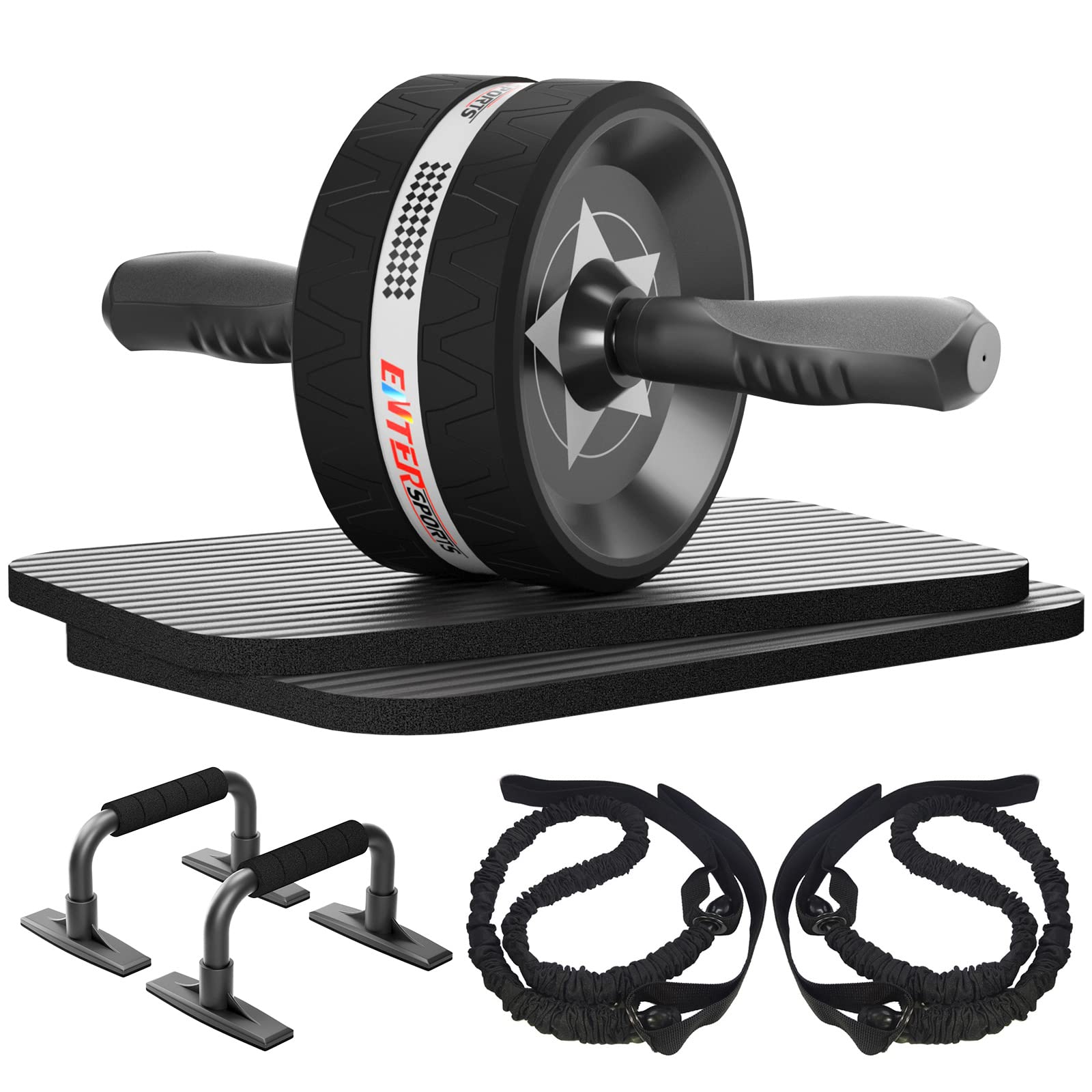 EnterSports Abdominal Roller, 6-in-1 Abdominal Trainer with Fitness Band, Push Ups, Knee Mat, Fitness Equipment, Abdominal Trainer from Wheel Set, Ideal for Men and Women to Train at Home