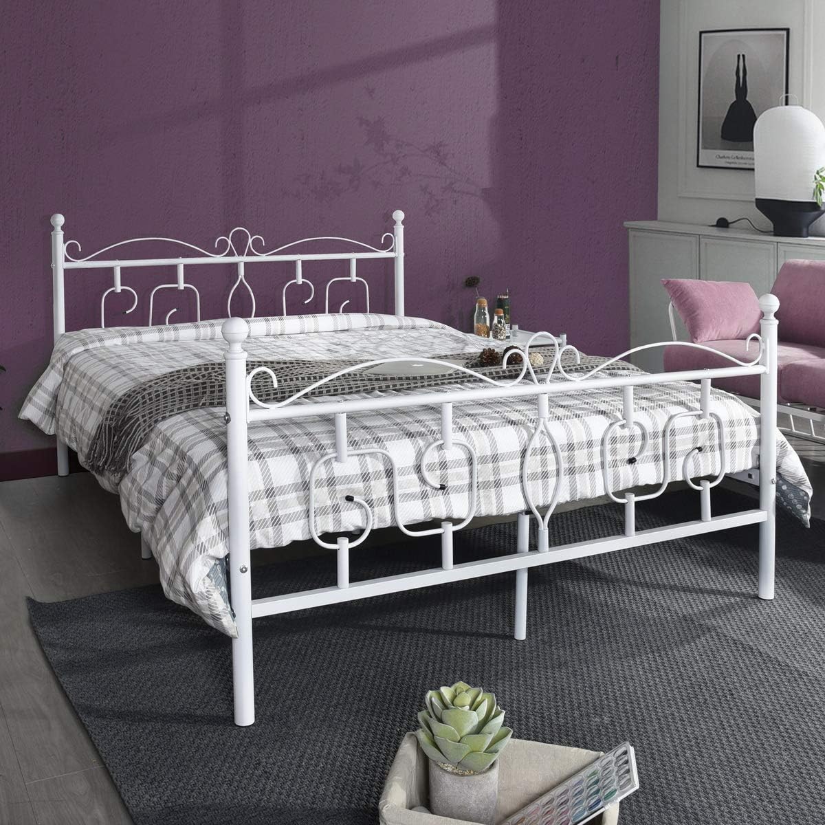 DORAFAIR Queen Size Bed Frame White/Black Steel Slat Support Metal Platform with Headboard and Footboard, Premium Mattress Foundation, Box Spring Replacement for Children Kids Adult Beds,(White)