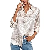 Floerns Women's Elegant Jacquard Long Sleeve Satin Button Down Shirt Blouse