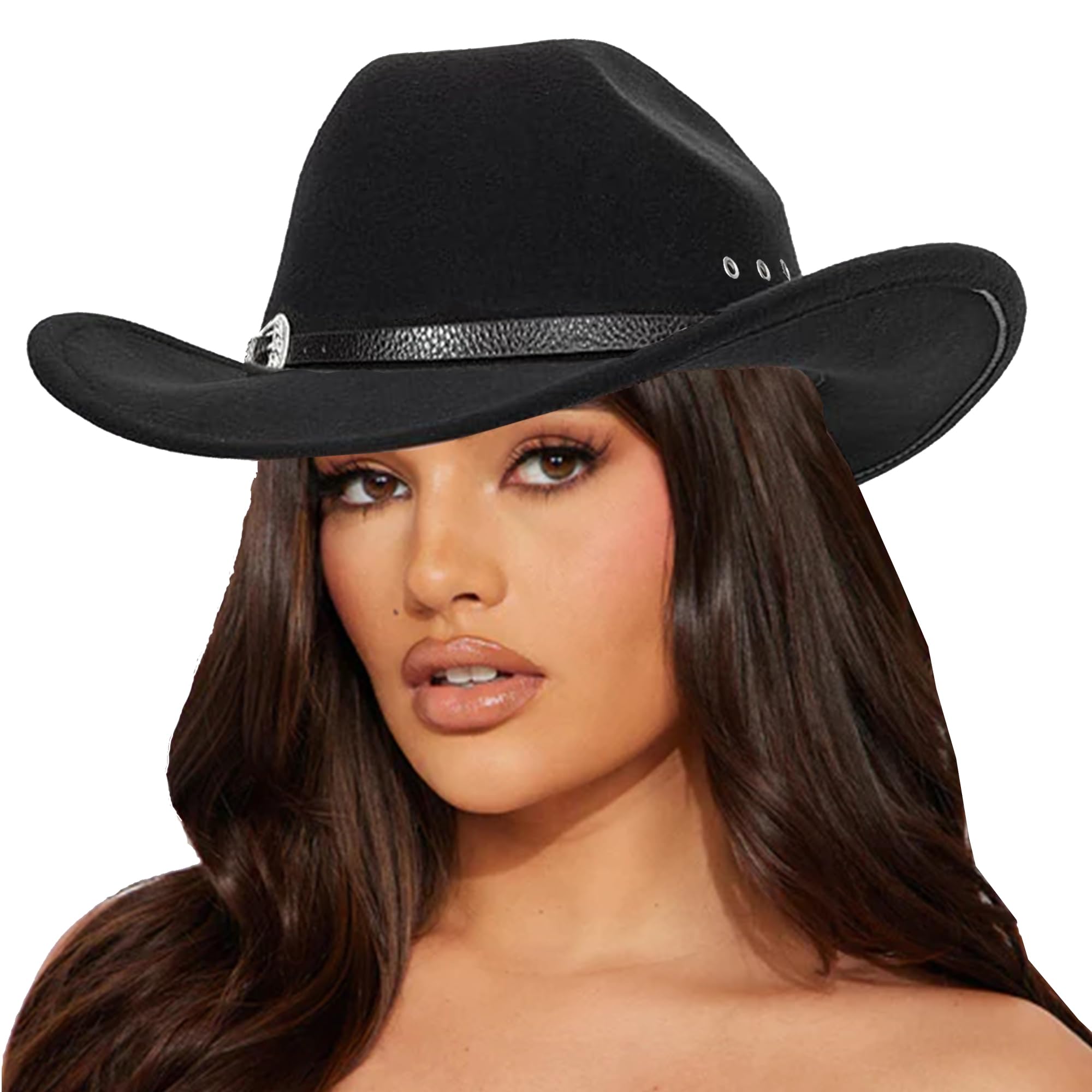 Classic-Western Felt-Cowboy-Hat for Men-Women Solid-Color Roll-Up-Brim