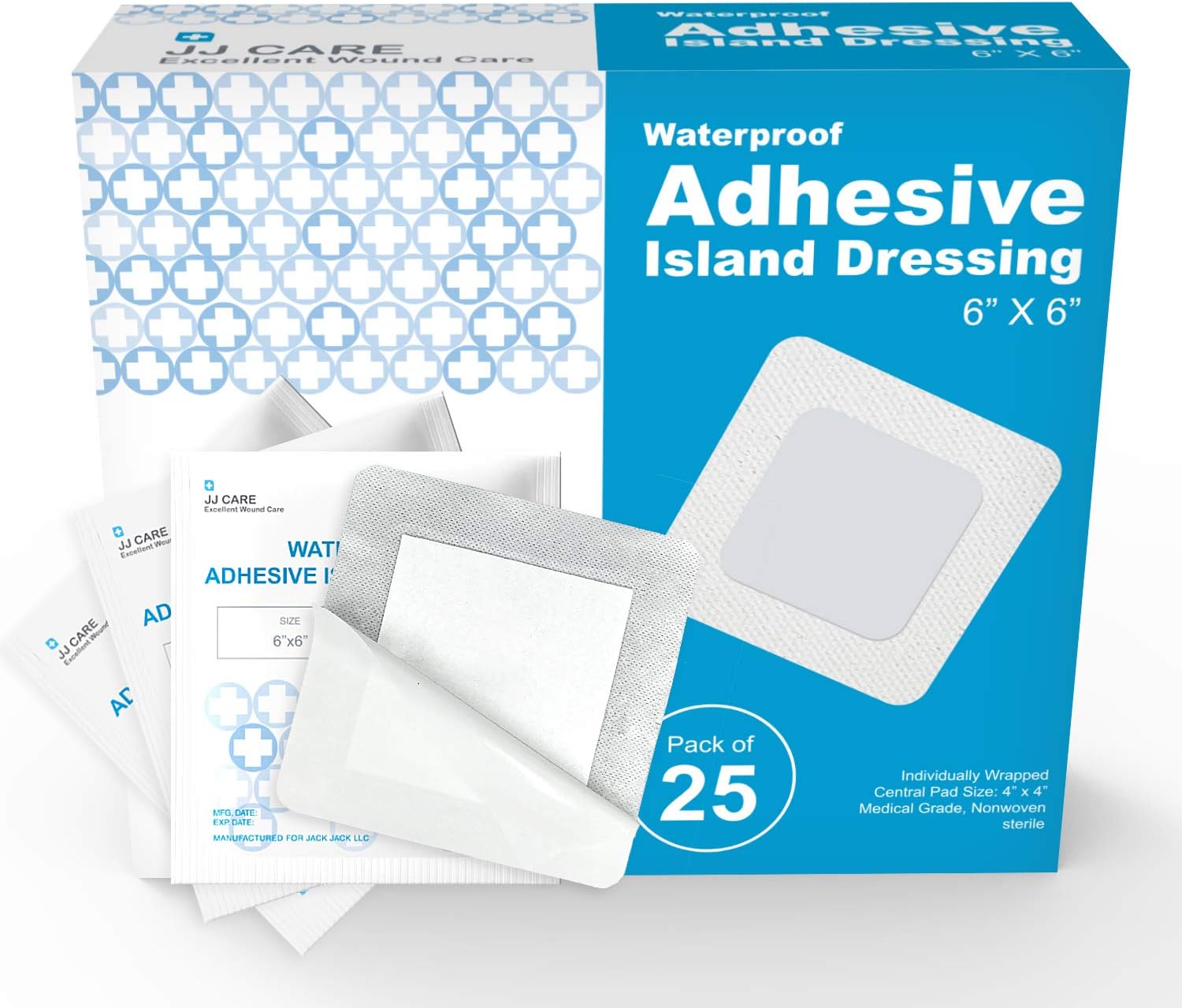 JJ CARE [Pack of 25] Waterproof Adhesive Island Dressing 6” x 6”, Sterile Wound Dressing, Breathable Bordered Gauze Pads, Latex Free Bandages, Individually Wrapped, Central Pad Size 4"x4": Health & Personal Care
