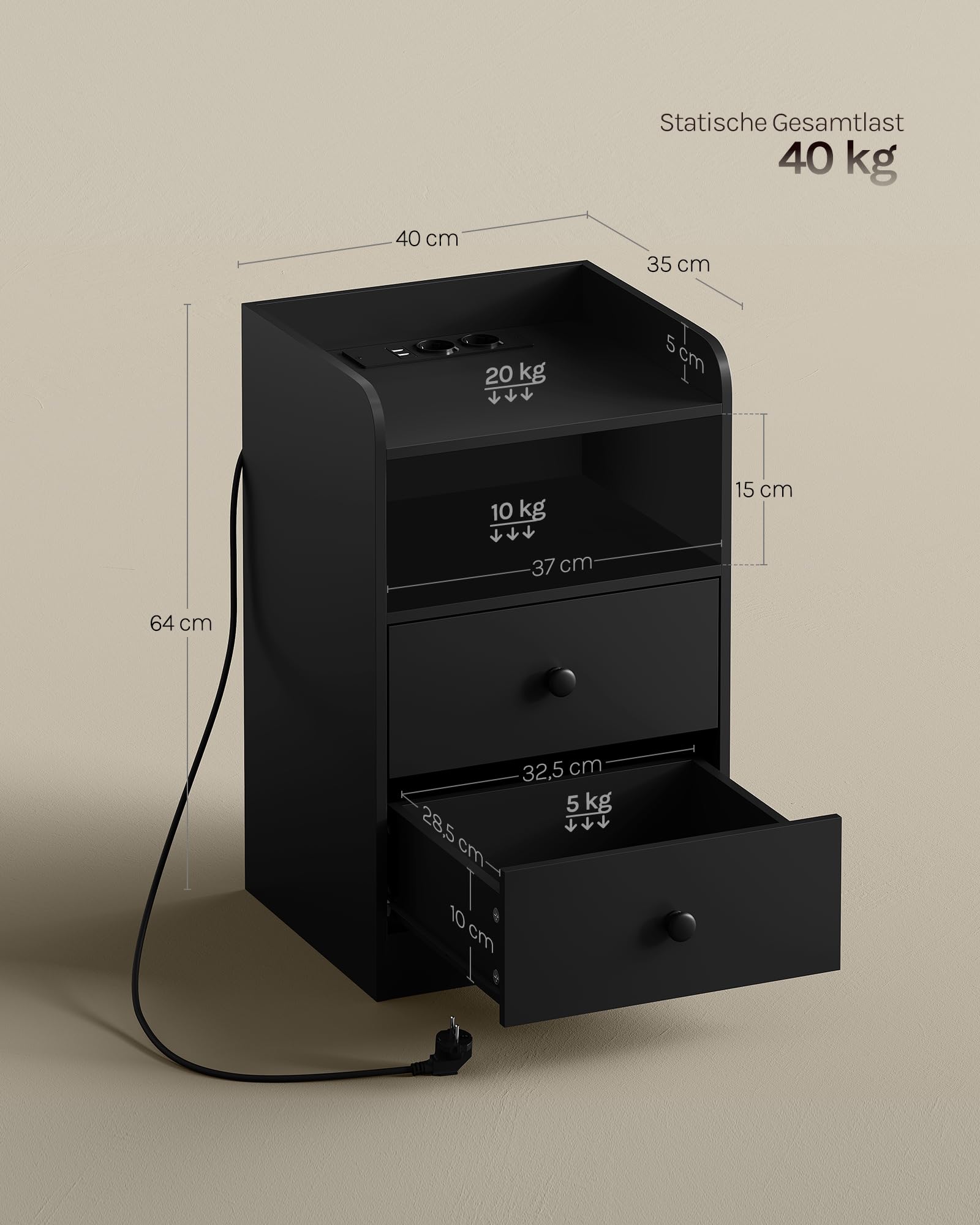 WOLTU Nachttisch 2er Set, mit Steckdose, Nachtschrank mit LED-Beleuchtung, schwarz, 2 Schubladen und 1 offenem Fach, 40 x 35 x 64 cm, geeignet für Schlafzimmer, Wohnzimmer, moderner Stil, NTS07sz-2 2