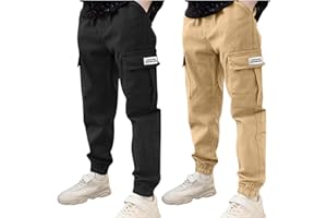 BXJX 2 Pack Boys Cargo Pants Casual Elastic Waist Pull On Trousers with Multi Pockets Fashion School Pants for Boys 3-14Y