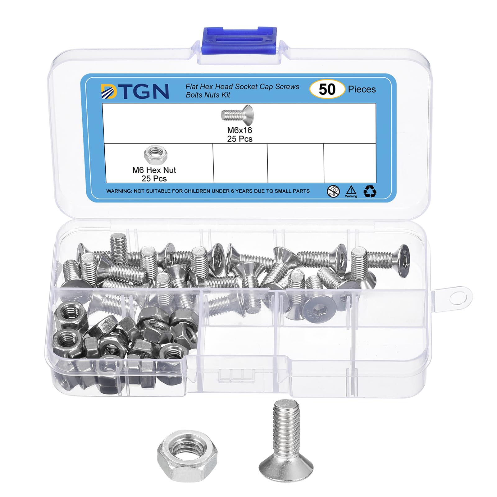 DTGN 50Pcs M6-1.0 x 16mm Flat Head Hex Socket Cap Screws Bolts Nuts Kit, 304 Stainless Steel Round Flat Metric Machine Screws, Full Thread