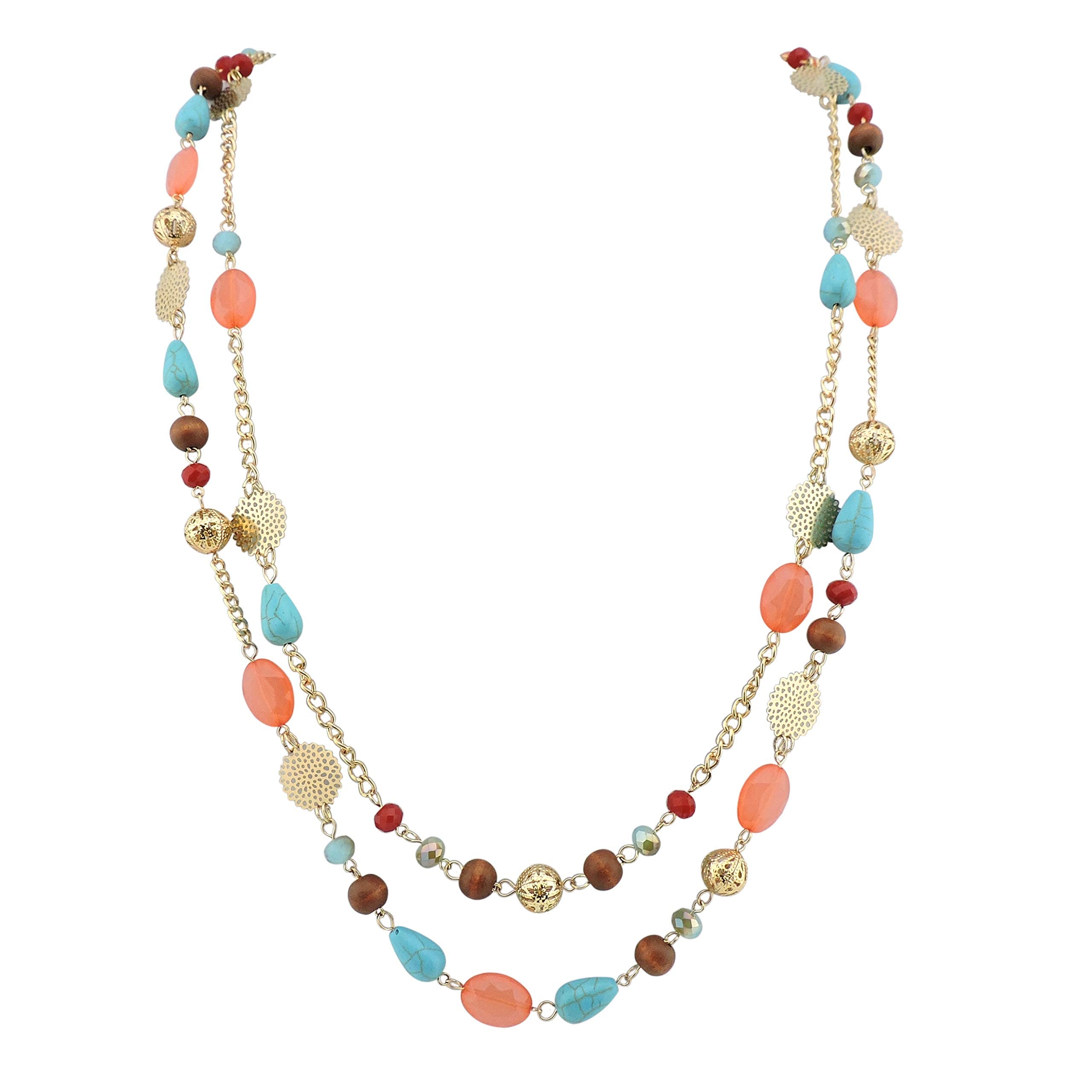 Bocar 14K Gold Plated Link Chain 2 Layer Crystal Wood Acrylic Colorful Women Party Long Necklace Gift (NK-10084-coral) โ image 1