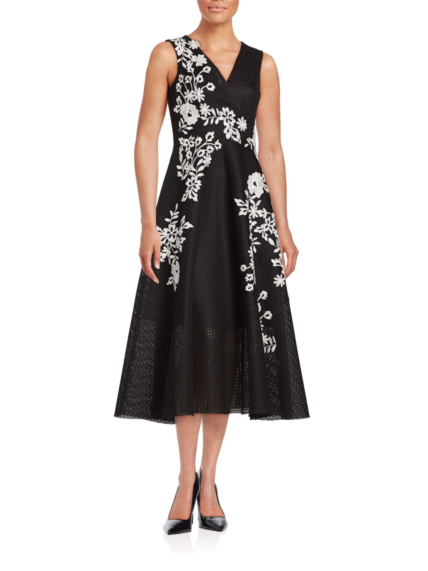 Teri Jon Embroidered Floral Midi Cocktail Dress