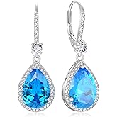 FYNSBLE 10 * 12mm Dangle Drop Birthstone Earrings for Women 925 Sterling Silver Halo Solitaire Leverback Earrings Hypoallergenic Jewelry for Women