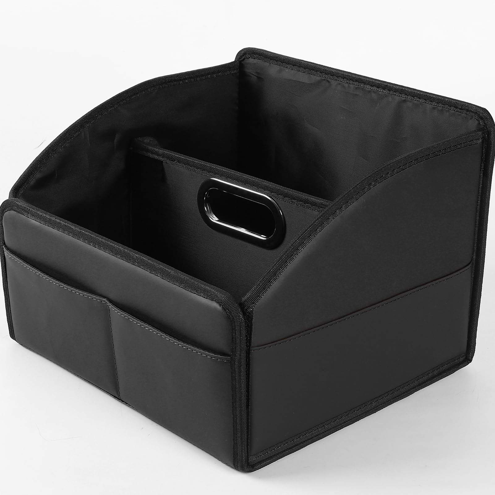 Photo 1 of Uplien Car Storage Organizer [2025 UPDATED] Leather Car Caddy Basket for Front Seat Floor Back Seats Metal Handle 6 Compartments Adjustable Strap Buckles Slip-Resistant (Black)