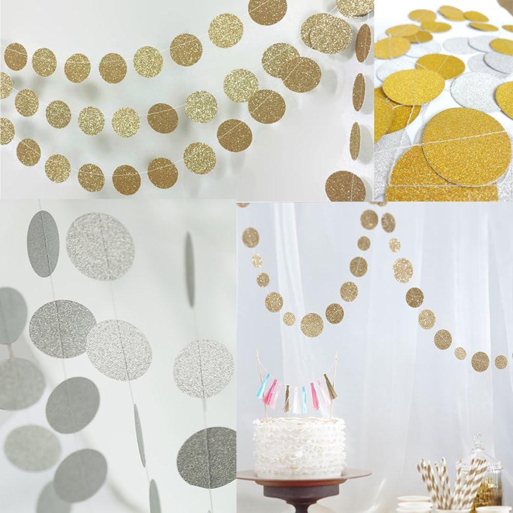 Circle Garland,Circle Dots Paper Garland,Glitter Paper Garland Circle Dots,Hanging Decor Gold and Silver Circle dots Paper Garland,Christmas Garland,2-Pack(Gold, Silver)