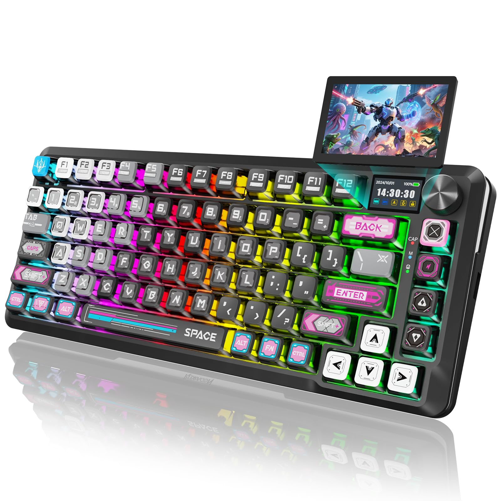 Redragon Wireless Mechanical Keyboard - Cyber Mecha Keycaps, Screen & Knob, Tri-Mode (BT/2.4G/USB-C), Wukong Switches, Gasket-Mounted RGB Gaming Keyboard, Hot-Swappable for PC/Mac, etc. - K708MC
