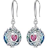 TOUPOP Tree of Life Birthstone Earrings for Women 925 Sterling Silver Family Tree Dangle Earrings with Austrian Crystal Jewelry Birthday Mothers Day Gifts for Her Girlfriend Wife Mom