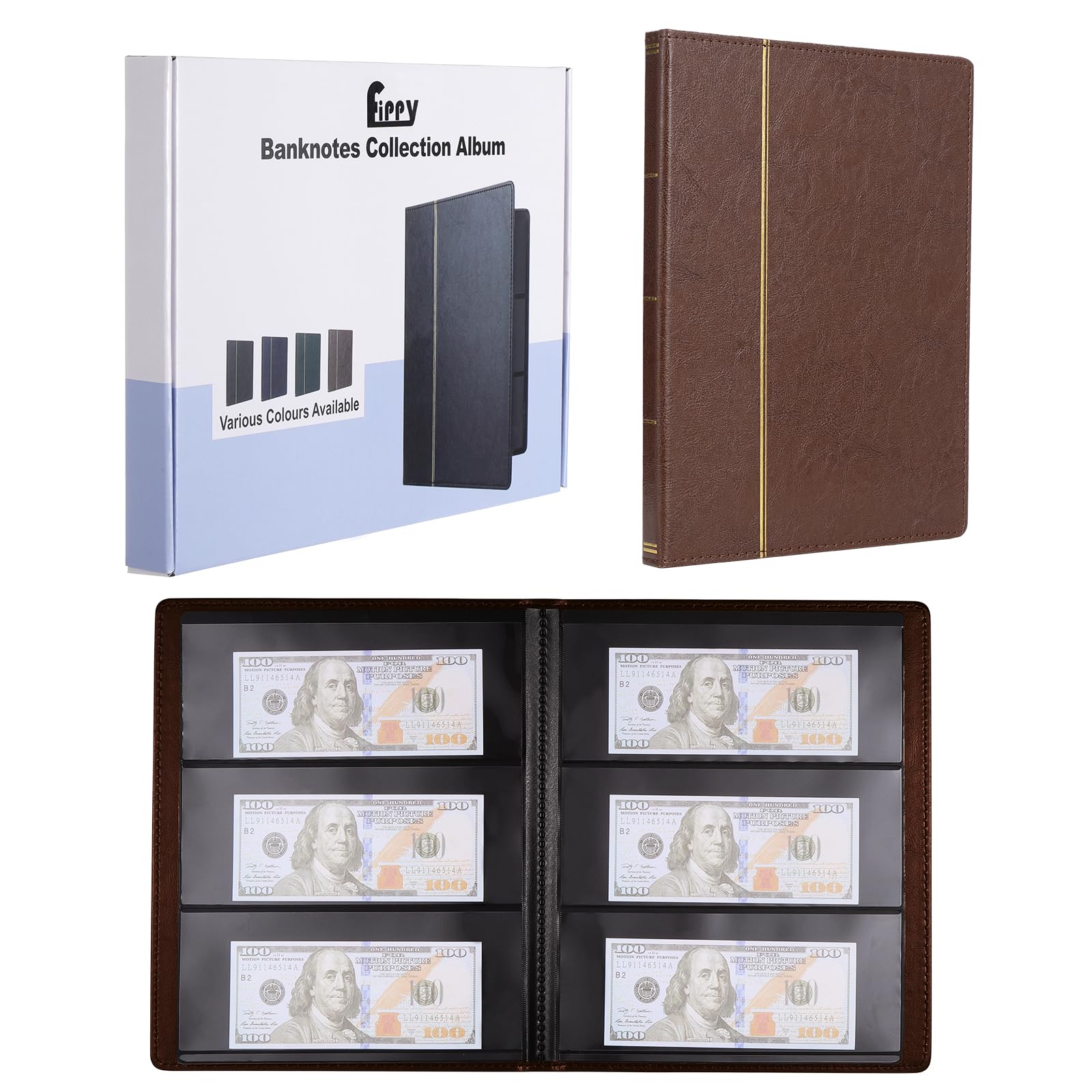 Fippy 60 Pockets Banknote Album Paper Money Collection Album for Collectors, leather Currency Collection Storage Album for Banknote Bill Stamp Storage Display (Brown)