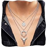 TWINKLEDE Boho Silver Layered Necklaces Layering Bull Head Necklace Western Cowgirl Jewelry for Women