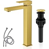 KENES Brushed Gold Tall Bathroom Faucet, Single Handle Vessel Sink Faucet Gold Vanity Bathroom Faucet with Supply Lines and Pop Up Sink Drain, LJ-9031A-4