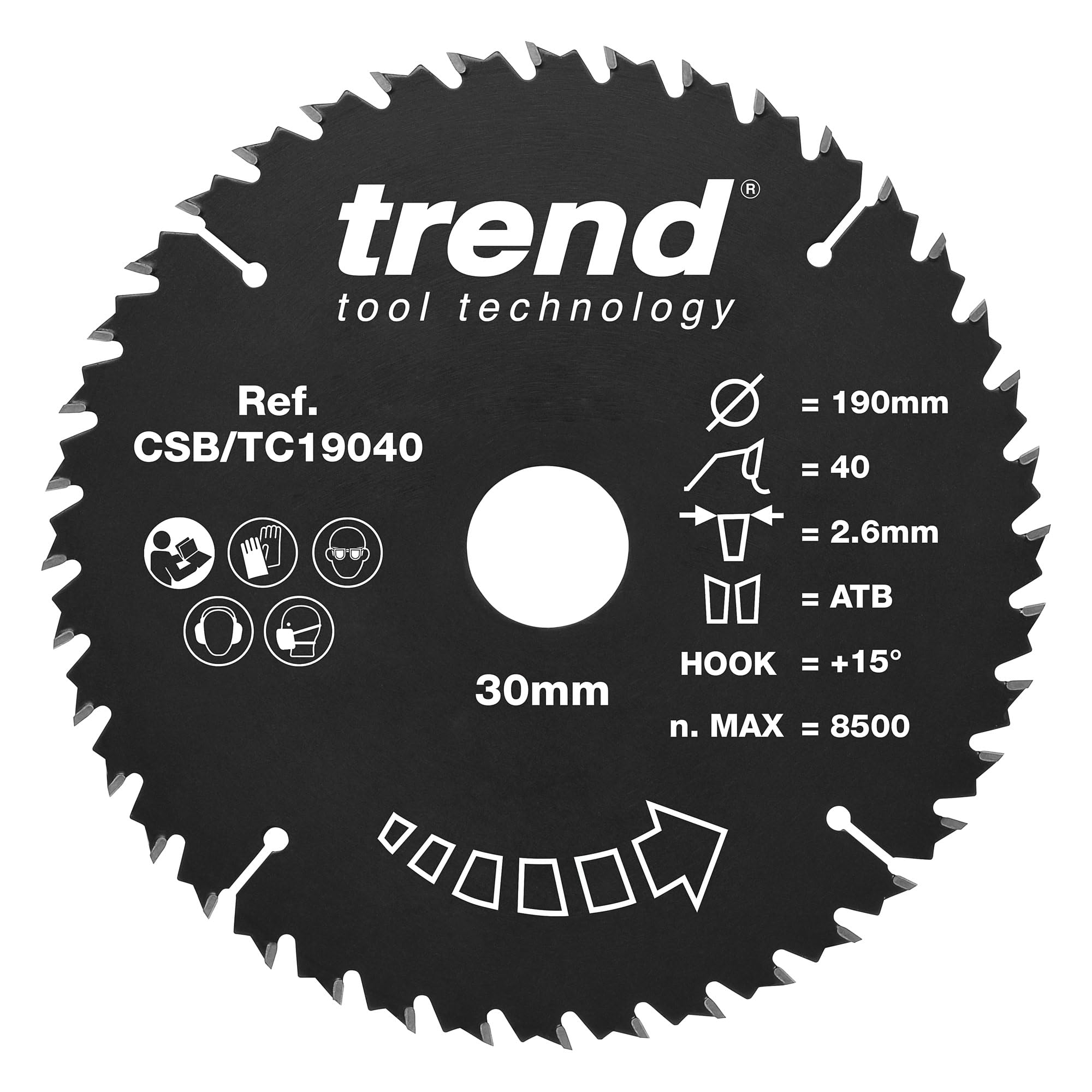 Trend Wood Circular Saw Blade, 190mm Diameter, 30mm Bore, 40 Teeth, TCT, 2.6mm Kerf, +15° Hook, CSB/TC19040